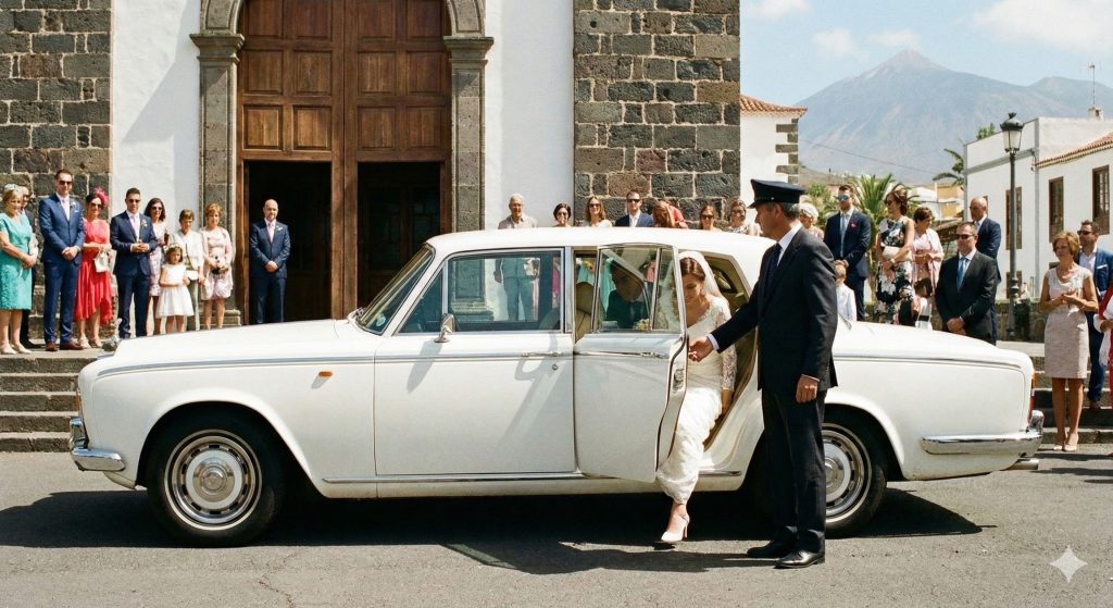 Novios bajando del coche Novios llegando a la iglesia en coche clásico de alquiler para bodas en Tenerife